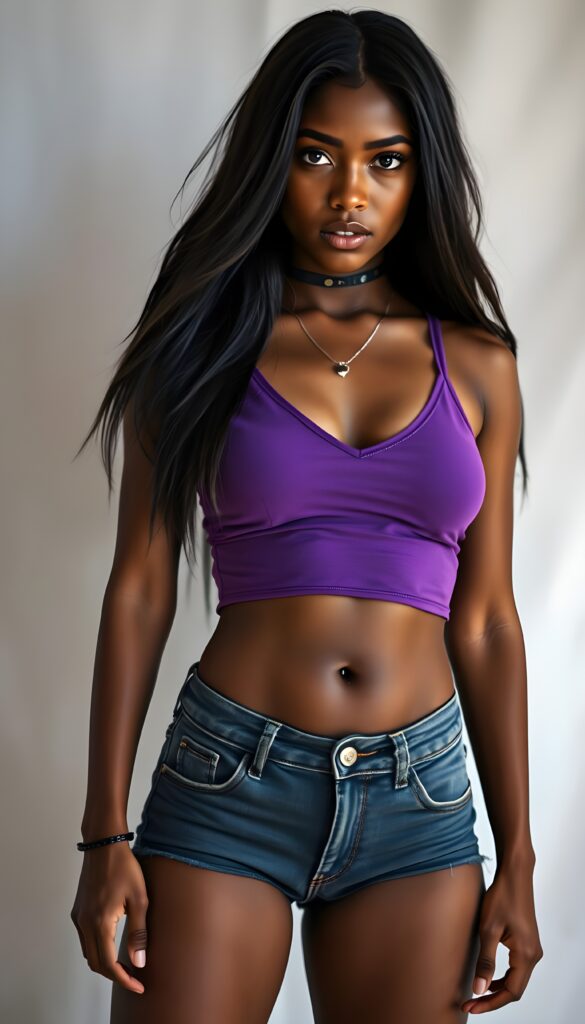 A mesmerizing, full-body portrait of a vibrant, dark tanned young teen girl with long straight ebony hair and a sculpted physique. She's clad in a purple deep-V neck cropped tank top, revealing her toned midriff and legs, paired with short denim jeans pants. Posed seductive against a contrasting white/grey backdrop, the soft natural lighting highlights her radiant energy. The scene is enhanced by a subtle, ethereal glow, with intricate details in her hair and clothing textures, creating a stunning, high-resolution image. She wears a silver necklace with a heart. Front view. Black round belly button.