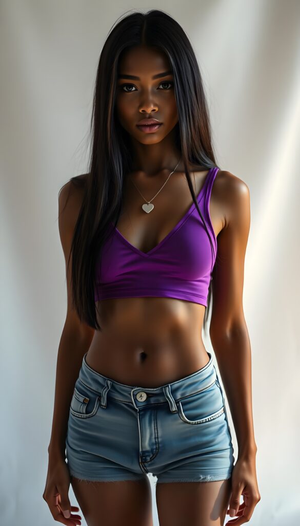 A mesmerizing, full-body portrait of a vibrant, dark tanned young teen girl with long straight ebony hair and a sculpted physique. She's clad in a purple deep-V neck cropped tank top, revealing her toned midriff and legs, paired with short denim jeans pants. Posed seductive against a contrasting white/grey backdrop, the soft natural lighting highlights her radiant energy. The scene is enhanced by a subtle, ethereal glow, with intricate details in her hair and clothing textures, creating a stunning, high-resolution image. She wears a silver necklace with a heart. Front view. Black round belly button.