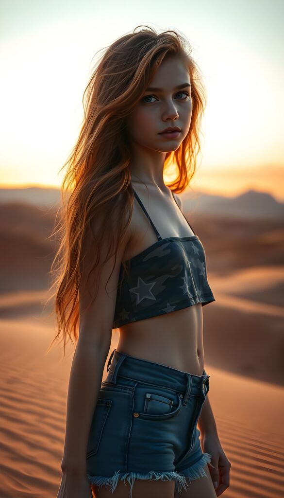 A mesmerizing portrait of a young girl with a delicate, innocent face, her long, wavy red hair flowing like a vibrant river. She wears a camouflage crop top with star patterns and denim shorts frayed at the hems, her silhouette standing out against a vast desert expanse. The scene is bathed in the golden hour, with warm, ethereal lighting casting a magical glow. The composition is dynamic, with the girl positioned in a three-quarter angle, her expression serene and contemplative. The backdrop features rolling sand dunes with subtle ripples, and a distant, majestic mountain range under a gradient sky of orange and purple, evoking a sense of adventure and boundless wonder. The image is rendered in a hyper-realistic style, with vivid colors and meticulous details, capturing the essence of youthful grace and the beauty of the desert, enhanced with a touch of fantasy.