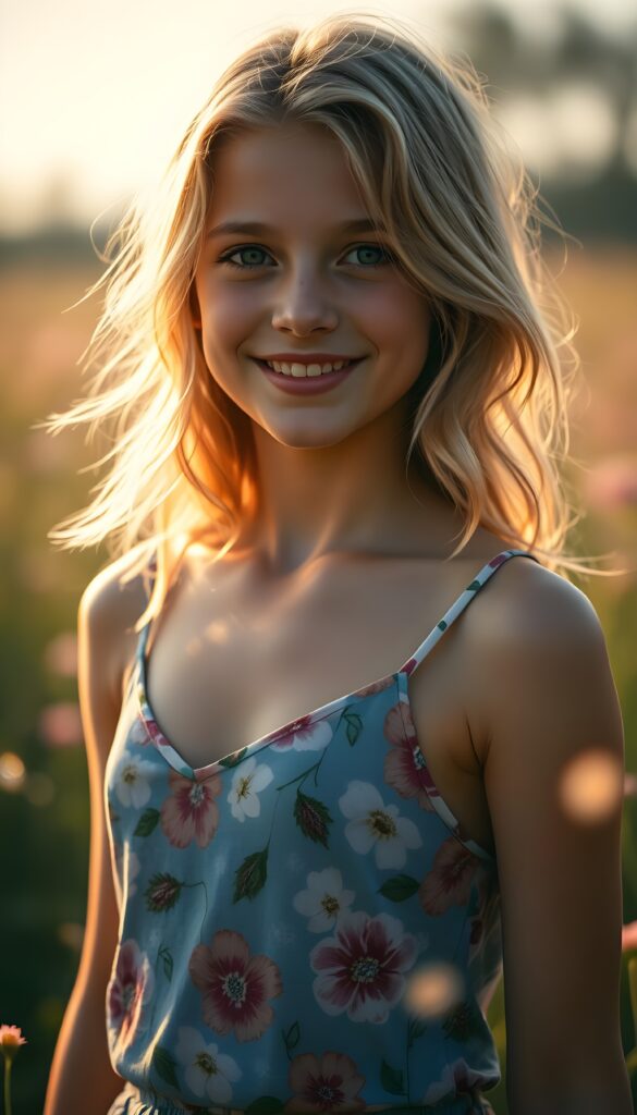 A mesmerizing portrait of a cheerful young girl with cascading, sun-kissed blonde hair, her gentle smile glowing with joy. Her figure is accentuated by a vibrant, floral tank top with a deep V-neck, set against a whimsical, sun-drenched meadow. The scene is bathed in warm, golden light, with sparkling fireflies and soft, pastel hues creating a dreamy, enchanting atmosphere.