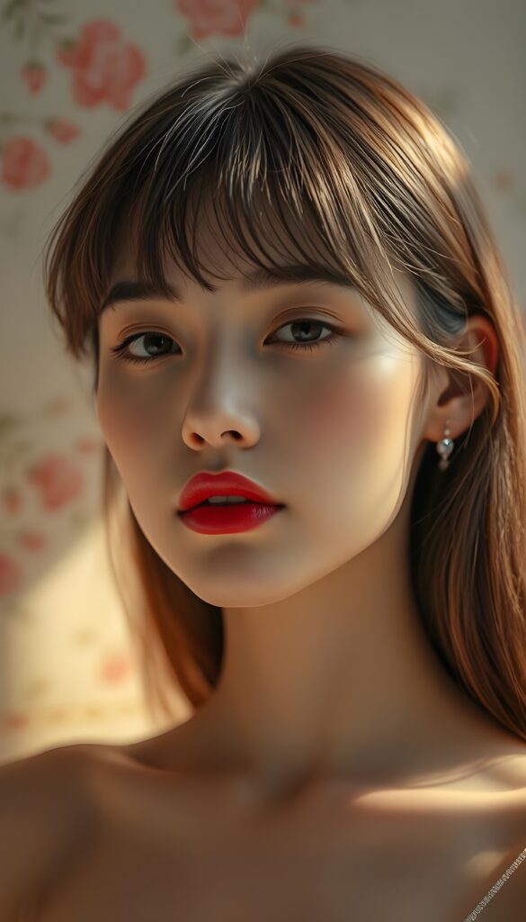 A mesmerizing portrait of a young woman with flawless, hyper-realistic skin texture, her lips gently closed and adorned with glossy, vibrant lipstick in a striking shade of deep red. Her straight, chestnut-brown hair cascades gracefully down her shoulders, with delicate bangs framing her face elegantly. The scene is illuminated by soft, diffused light, casting a warm, golden glow that enhances her serene expression. The background is a dreamy blend of pastel hues, featuring delicate floral patterns and ethereal wisps of clouds, creating a tranquil and enchanting atmosphere. Every detail is captured with impeccable clarity, rendered in high-definition, 8K resolution, evoking a sense of timeless beauty and sophistication.