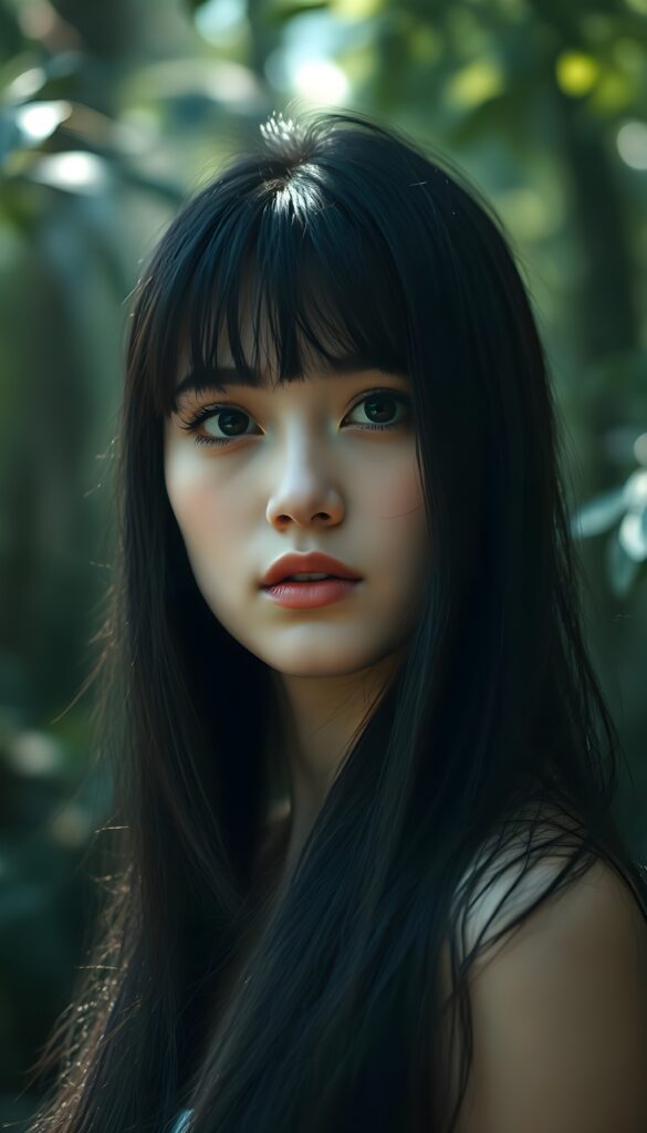 A mesmerizing portrait of a young woman with flowing black hair cascading like a waterfall over her shoulders, styled with soft bangs. Her radiant skin glows under ethereal lighting, with full lips and enchanting eyes framed by long lashes, exuding a timeless elegance. The scene is set against a dreamy, misty forest backdrop, with dappled sunlight filtering through lush foliage, creating a magical, serene atmosphere. The image combines a mix of realistic and painterly elements, with soft focus and a touch of surrealism, highlighting the subject's grace and allure.