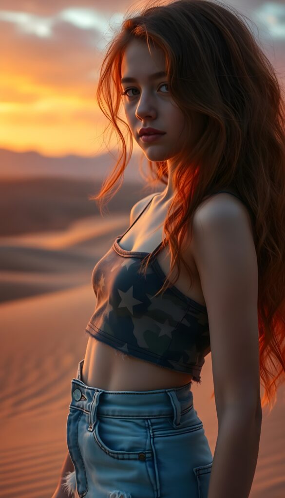 A mesmerizing portrait of a young girl with a delicate, innocent face, her long, wavy red hair flowing like a vibrant river. She wears a camouflage crop top with star patterns and denim shorts frayed at the hems, her silhouette standing out against a vast desert expanse. The scene is bathed in the golden hour, with warm, ethereal lighting casting a magical glow. The composition is dynamic, with the girl positioned in a three-quarter angle, her expression serene and contemplative. The backdrop features rolling sand dunes with subtle ripples, and a distant, majestic mountain range under a gradient sky of orange and purple, evoking a sense of adventure and boundless wonder. The image is rendered in a hyper-realistic style, with vivid colors and meticulous details, capturing the essence of youthful grace and the beauty of the desert, enhanced with a touch of fantasy.
