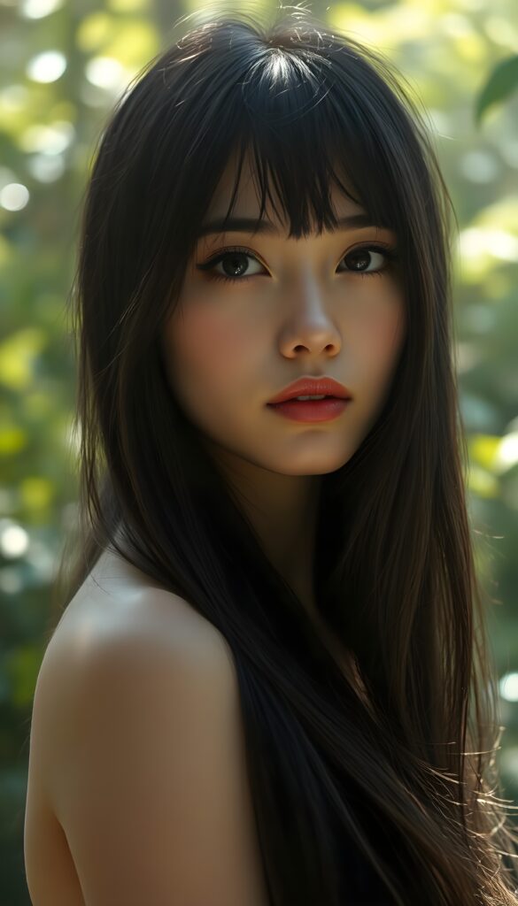 A mesmerizing portrait of a young woman with flowing black hair cascading like a waterfall over her shoulders, styled with soft bangs. Her radiant skin glows under ethereal lighting, with full lips and enchanting eyes framed by long lashes, exuding a timeless elegance. The scene is set against a dreamy, misty forest backdrop, with dappled sunlight filtering through lush foliage, creating a magical, serene atmosphere. The image combines a mix of realistic and painterly elements, with soft focus and a touch of surrealism, highlighting the subject's grace and allure.