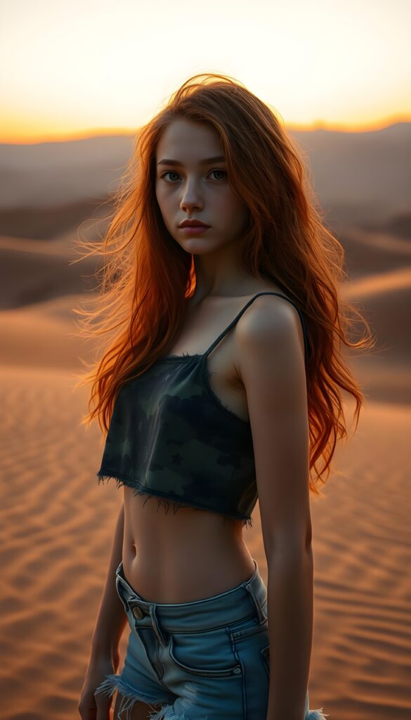 A mesmerizing portrait of a young girl with a delicate, innocent face, her long, wavy red hair flowing like a vibrant river. She wears a camouflage crop top with star patterns and denim shorts frayed at the hems, her silhouette standing out against a vast desert expanse. The scene is bathed in the golden hour, with warm, ethereal lighting casting a magical glow. The composition is dynamic, with the girl positioned in a three-quarter angle, her expression serene and contemplative. The backdrop features rolling sand dunes with subtle ripples, and a distant, majestic mountain range under a gradient sky of orange and purple, evoking a sense of adventure and boundless wonder. The image is rendered in a hyper-realistic style, with vivid colors and meticulous details, capturing the essence of youthful grace and the beauty of the desert, enhanced with a touch of fantasy.