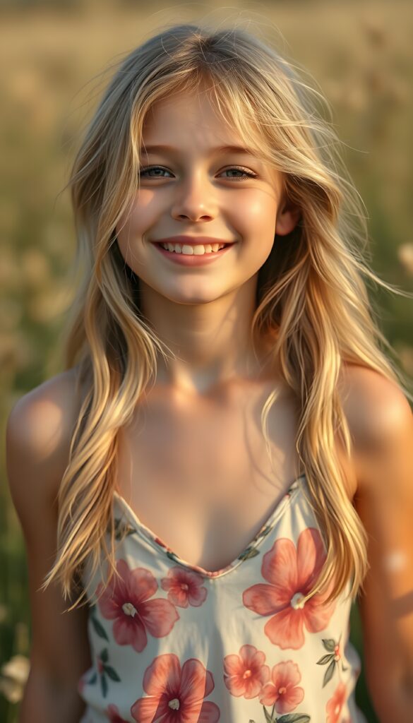 A mesmerizing portrait of a cheerful young girl with cascading, sun-kissed blonde hair, her gentle smile glowing with joy. Her figure is accentuated by a vibrant, floral tank top with a deep V-neck, set against a whimsical, sun-drenched meadow. The scene is bathed in warm, golden light, with sparkling fireflies and soft, pastel hues creating a dreamy, enchanting atmosphere.