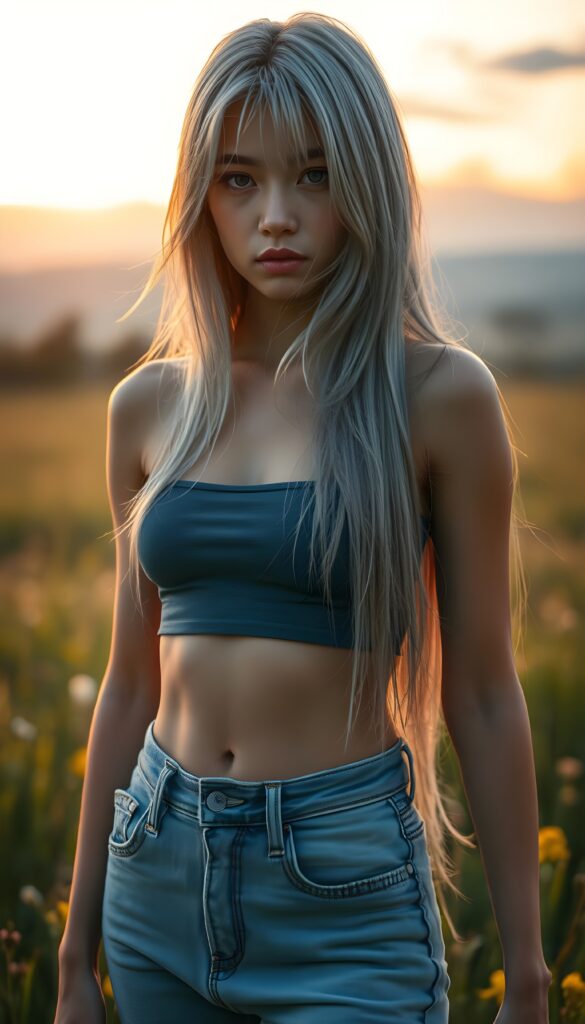 A mesmerizing portrait of a young silver-skinned girl with a perfect, graceful figure, wearing short pants and a snug crop tank top that highlights her toned midriff. Her angelic round face is accentuated by her soft, long, straight grey hair cascading down to her waist. The scene is set against a stunning natural landscape, with the girl standing on a lush meadow under a vibrant sky. You can see her cute round small belly button.