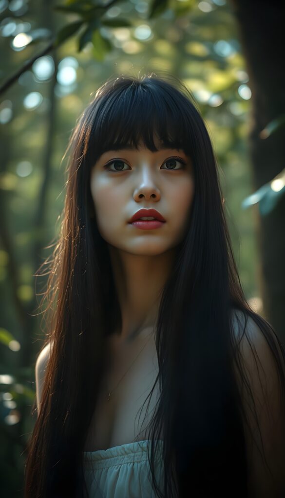 A mesmerizing portrait of a young woman with flowing black hair cascading like a waterfall over her shoulders, styled with soft bangs. Her radiant skin glows under ethereal lighting, with full lips and enchanting eyes framed by long lashes, exuding a timeless elegance. The scene is set against a dreamy, misty forest backdrop, with dappled sunlight filtering through lush foliage, creating a magical, serene atmosphere. The image combines a mix of realistic and painterly elements, with soft focus and a touch of surrealism, highlighting the subject's grace and allure.