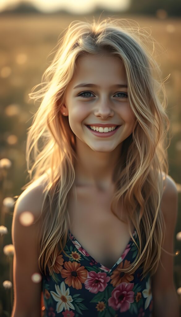 A mesmerizing portrait of a cheerful young girl with cascading, sun-kissed blonde hair, her gentle smile glowing with joy. Her figure is accentuated by a vibrant, floral tank top with a deep V-neck, set against a whimsical, sun-drenched meadow. The scene is bathed in warm, golden light, with sparkling fireflies and soft, pastel hues creating a dreamy, enchanting atmosphere.