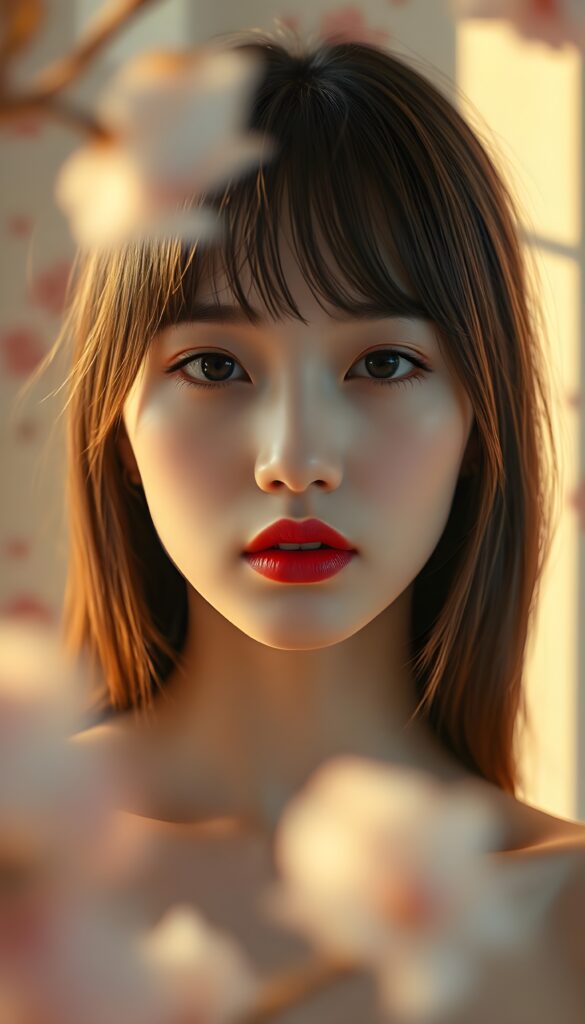 A mesmerizing portrait of a young woman with flawless, hyper-realistic skin texture, her lips gently closed and adorned with glossy, vibrant lipstick in a striking shade of deep red. Her straight, chestnut-brown hair cascades gracefully down her shoulders, with delicate bangs framing her face elegantly. The scene is illuminated by soft, diffused light, casting a warm, golden glow that enhances her serene expression. The background is a dreamy blend of pastel hues, featuring delicate floral patterns and ethereal wisps of clouds, creating a tranquil and enchanting atmosphere. Every detail is captured with impeccable clarity, rendered in high-definition, 8K resolution, evoking a sense of timeless beauty and sophistication.