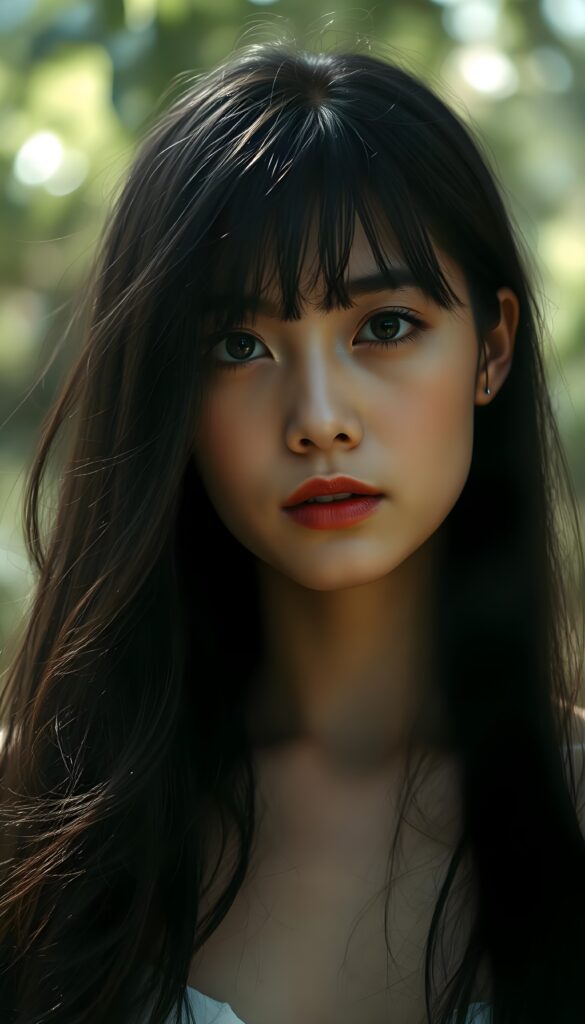 A mesmerizing portrait of a young woman with flowing black hair cascading like a waterfall over her shoulders, styled with soft bangs. Her radiant skin glows under ethereal lighting, with full lips and enchanting eyes framed by long lashes, exuding a timeless elegance. The scene is set against a dreamy, misty forest backdrop, with dappled sunlight filtering through lush foliage, creating a magical, serene atmosphere. The image combines a mix of realistic and painterly elements, with soft focus and a touch of surrealism, highlighting the subject's grace and allure.