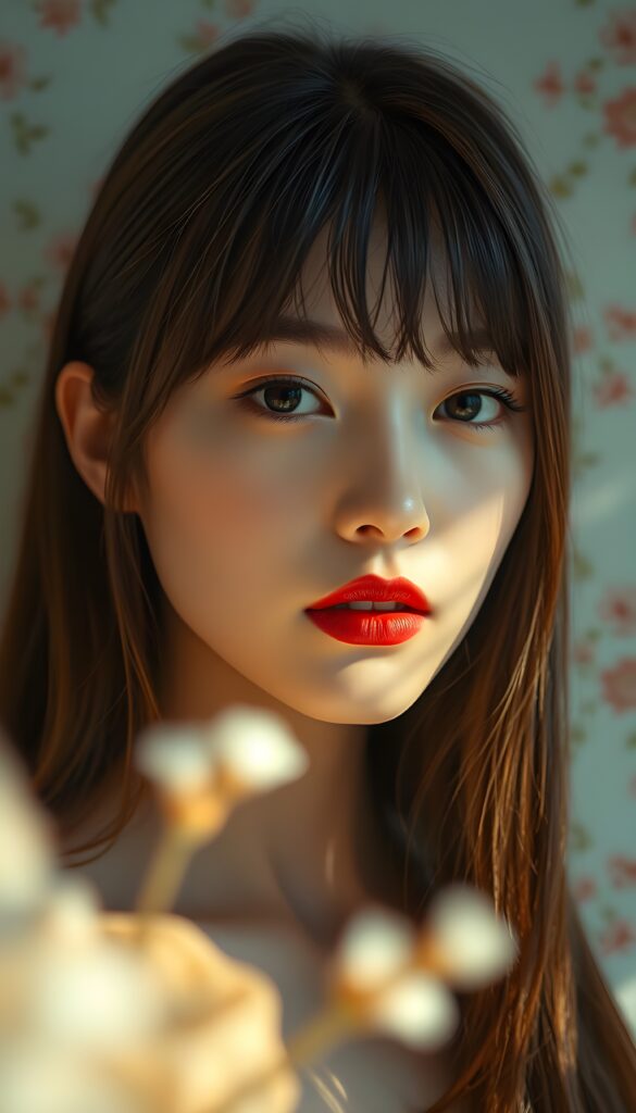 A mesmerizing portrait of a young woman with flawless, hyper-realistic skin texture, her lips gently closed and adorned with glossy, vibrant lipstick in a striking shade of deep red. Her straight, chestnut-brown hair cascades gracefully down her shoulders, with delicate bangs framing her face elegantly. The scene is illuminated by soft, diffused light, casting a warm, golden glow that enhances her serene expression. The background is a dreamy blend of pastel hues, featuring delicate floral patterns and ethereal wisps of clouds, creating a tranquil and enchanting atmosphere. Every detail is captured with impeccable clarity, rendered in high-definition, 8K resolution, evoking a sense of timeless beauty and sophistication.