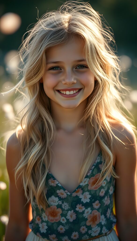A mesmerizing portrait of a cheerful young girl with cascading, sun-kissed blonde hair, her gentle smile glowing with joy. Her figure is accentuated by a vibrant, floral tank top with a deep V-neck, set against a whimsical, sun-drenched meadow. The scene is bathed in warm, golden light, with sparkling fireflies and soft, pastel hues creating a dreamy, enchanting atmosphere.
