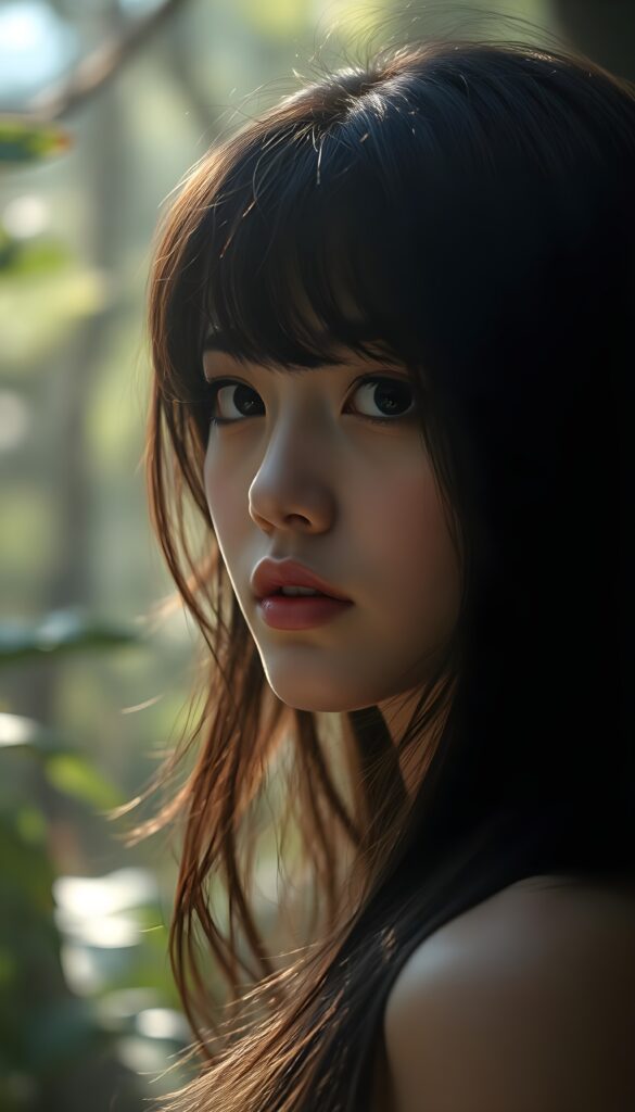 A mesmerizing portrait of a young woman with flowing black hair cascading like a waterfall over her shoulders, styled with soft bangs. Her radiant skin glows under ethereal lighting, with full lips and enchanting eyes framed by long lashes, exuding a timeless elegance. The scene is set against a dreamy, misty forest backdrop, with dappled sunlight filtering through lush foliage, creating a magical, serene atmosphere. The image combines a mix of realistic and painterly elements, with soft focus and a touch of surrealism, highlighting the subject's grace and allure.