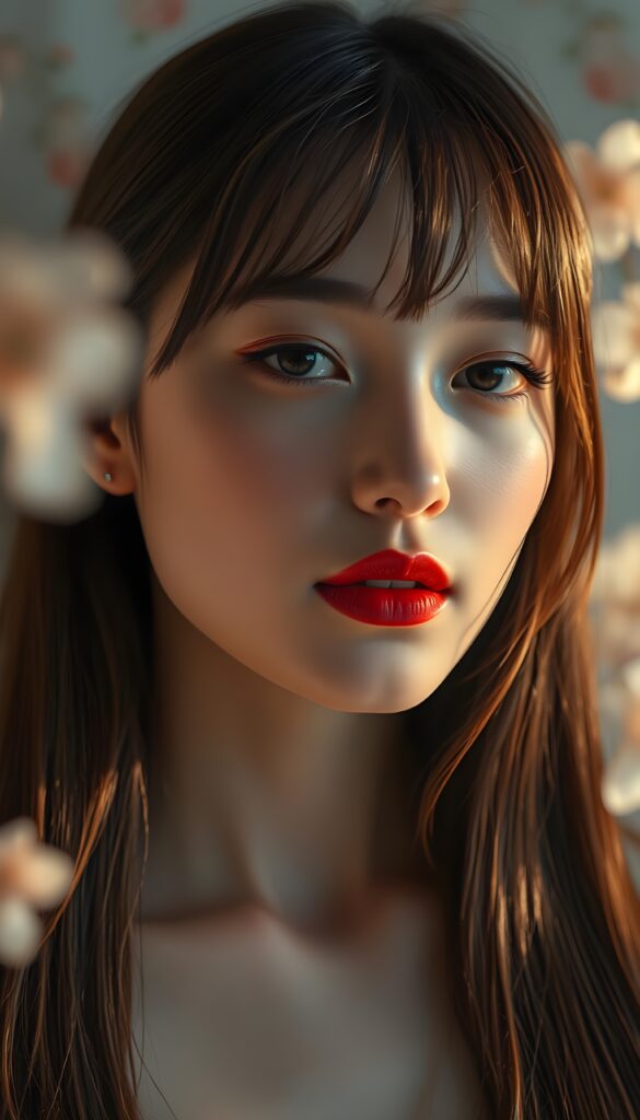 A mesmerizing portrait of a young woman with flawless, hyper-realistic skin texture, her lips gently closed and adorned with glossy, vibrant lipstick in a striking shade of deep red. Her straight, chestnut-brown hair cascades gracefully down her shoulders, with delicate bangs framing her face elegantly. The scene is illuminated by soft, diffused light, casting a warm, golden glow that enhances her serene expression. The background is a dreamy blend of pastel hues, featuring delicate floral patterns and ethereal wisps of clouds, creating a tranquil and enchanting atmosphere. Every detail is captured with impeccable clarity, rendered in high-definition, 8K resolution, evoking a sense of timeless beauty and sophistication.
