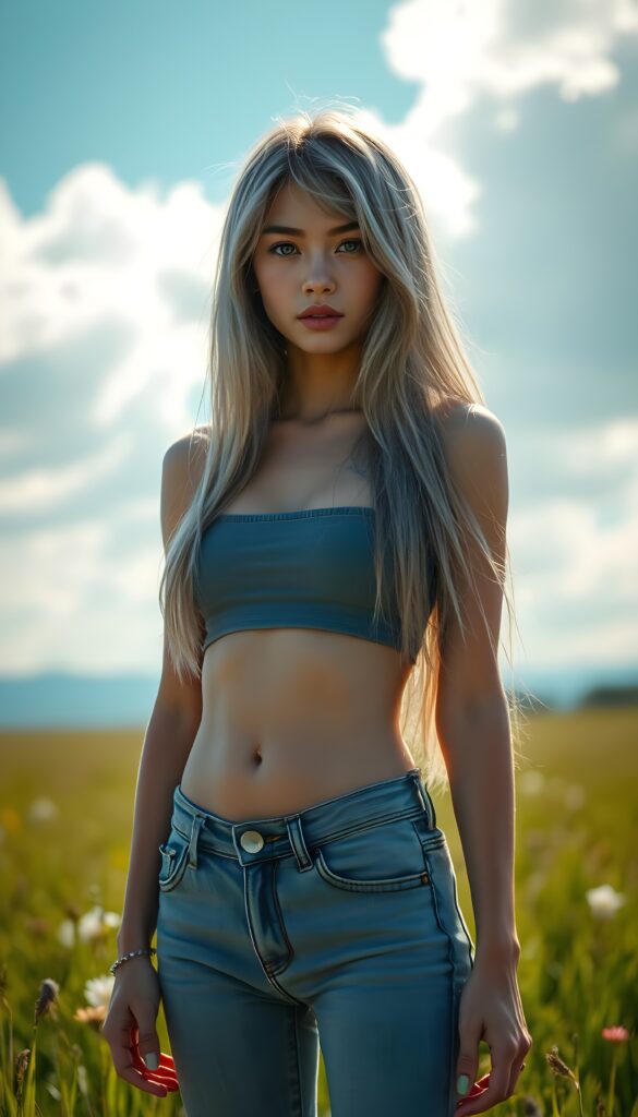 A mesmerizing portrait of a young silver-skinned girl with a perfect, graceful figure, wearing short pants and a snug crop tank top that highlights her toned midriff. Her angelic round face is accentuated by her soft, long, straight grey hair cascading down to her waist. The scene is set against a stunning natural landscape, with the girl standing on a lush meadow under a vibrant sky. You can see her cute round small belly button.