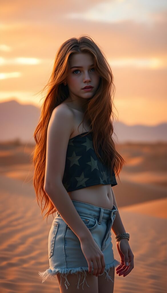 A mesmerizing portrait of a young girl with a delicate, innocent face, her long, wavy red hair flowing like a vibrant river. She wears a camouflage crop top with star patterns and denim shorts frayed at the hems, her silhouette standing out against a vast desert expanse. The scene is bathed in the golden hour, with warm, ethereal lighting casting a magical glow. The composition is dynamic, with the girl positioned in a three-quarter angle, her expression serene and contemplative. The backdrop features rolling sand dunes with subtle ripples, and a distant, majestic mountain range under a gradient sky of orange and purple, evoking a sense of adventure and boundless wonder. The image is rendered in a hyper-realistic style, with vivid colors and meticulous details, capturing the essence of youthful grace and the beauty of the desert, enhanced with a touch of fantasy.