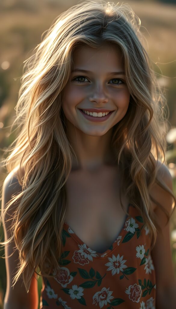 A mesmerizing portrait of a cheerful young girl with cascading, sun-kissed blonde hair, her gentle smile glowing with joy. Her figure is accentuated by a vibrant, floral tank top with a deep V-neck, set against a whimsical, sun-drenched meadow. The scene is bathed in warm, golden light, with sparkling fireflies and soft, pastel hues creating a dreamy, enchanting atmosphere.