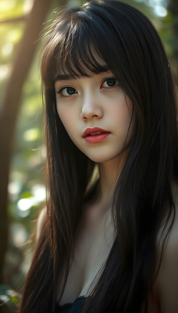 A mesmerizing portrait of a young woman with flowing black hair cascading like a waterfall over her shoulders, styled with soft bangs. Her radiant skin glows under ethereal lighting, with full lips and enchanting eyes framed by long lashes, exuding a timeless elegance. The scene is set against a dreamy, misty forest backdrop, with dappled sunlight filtering through lush foliage, creating a magical, serene atmosphere. The image combines a mix of realistic and painterly elements, with soft focus and a touch of surrealism, highlighting the subject's grace and allure.