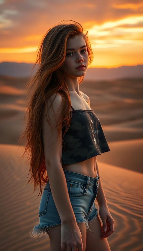 A mesmerizing portrait of a young girl with a delicate, innocent face, her long, wavy red hair flowing like a vibrant river. She wears a camouflage crop top with star patterns and denim shorts frayed at the hems, her silhouette standing out against a vast desert expanse. The scene is bathed in the golden hour, with warm, ethereal lighting casting a magical glow. The composition is dynamic, with the girl positioned in a three-quarter angle, her expression serene and contemplative. The backdrop features rolling sand dunes with subtle ripples, and a distant, majestic mountain range under a gradient sky of orange and purple, evoking a sense of adventure and boundless wonder. The image is rendered in a hyper-realistic style, with vivid colors and meticulous details, capturing the essence of youthful grace and the beauty of the desert, enhanced with a touch of fantasy.