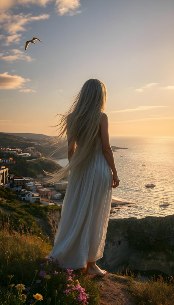 A mystical girl with long, flowing silver hair stands atop a windswept cliff, gazing over a vibrant coastal town below. She wears a flowing white dress adorned with intricate patterns, blending with the sea breeze. The sky is painted in hues of sunset orange and purple, with seagulls soaring overhead. Below, the town is bathed in golden light, with sailboats dotting the shimmering sea. A path of wildflowers winds down the cliffside, leading to a hidden cave entrance.