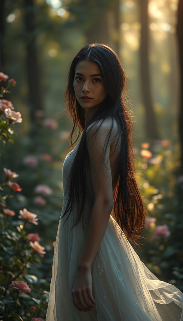 A mystical goddess of love, embodying grace and beauty, with flawless porcelain skin and long, flowing black hair cascading down her back. She stands gracefully in a lush, enchanted forest, surrounded by vibrant flowers and glowing fairy lights. Her eyes shine with an ethereal glow, and she wears a delicate, shimmering gown that floats around her as she gently twirls. The scene is bathed in soft, golden sunlight filtering through the trees, creating a dreamy and serene atmosphere.