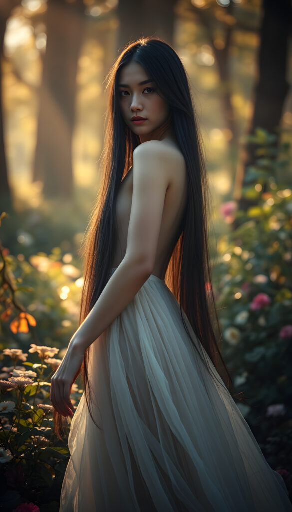 A mystical goddess of love, embodying grace and beauty, with flawless porcelain skin and long, flowing black hair cascading down her back. She stands gracefully in a lush, enchanted forest, surrounded by vibrant flowers and glowing fairy lights. Her eyes shine with an ethereal glow, and she wears a delicate, shimmering gown that floats around her as she gently twirls. The scene is bathed in soft, golden sunlight filtering through the trees, creating a dreamy and serene atmosphere.
