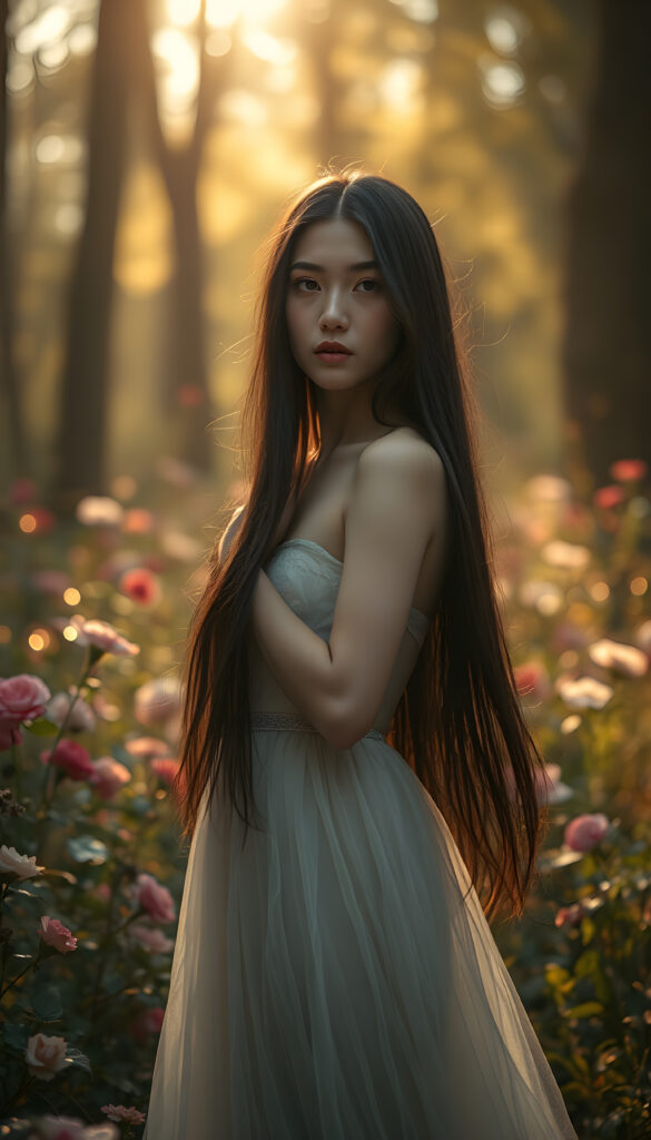 A mystical goddess of love, embodying grace and beauty, with flawless porcelain skin and long, flowing black hair cascading down her back. She stands gracefully in a lush, enchanted forest, surrounded by vibrant flowers and glowing fairy lights. Her eyes shine with an ethereal glow, and she wears a delicate, shimmering gown that floats around her as she gently twirls. The scene is bathed in soft, golden sunlight filtering through the trees, creating a dreamy and serene atmosphere.