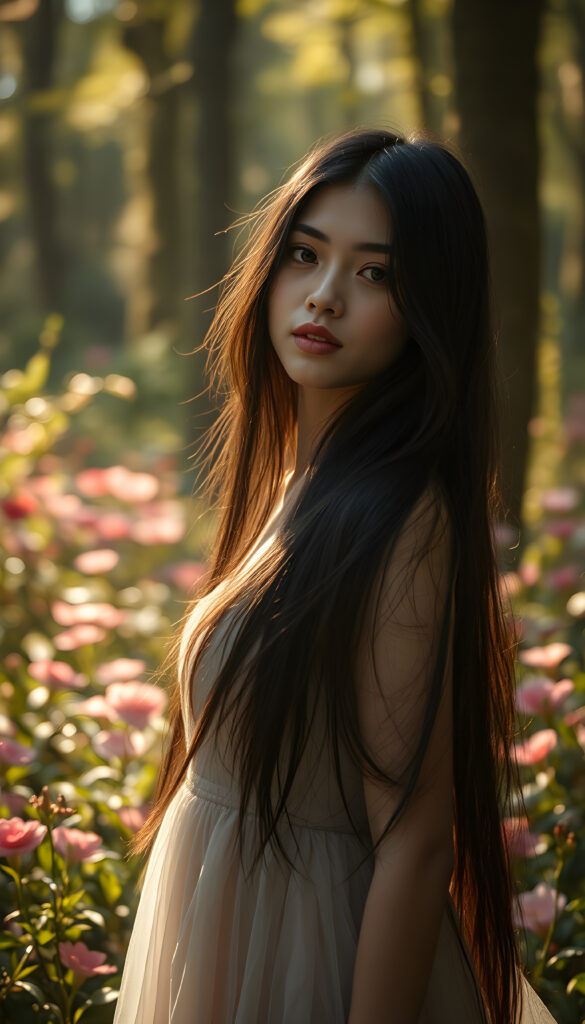 A mystical goddess of love, embodying grace and beauty, with flawless porcelain skin and long, flowing black hair cascading down her back. She stands gracefully in a lush, enchanted forest, surrounded by vibrant flowers and glowing fairy lights. Her eyes shine with an ethereal glow, and she wears a delicate, shimmering gown that floats around her as she gently twirls. The scene is bathed in soft, golden sunlight filtering through the trees, creating a dreamy and serene atmosphere.