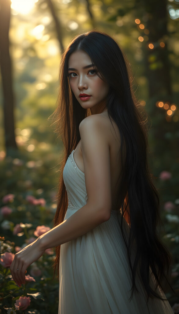 A mystical goddess of love, embodying grace and beauty, with flawless porcelain skin and long, flowing black hair cascading down her back. She stands gracefully in a lush, enchanted forest, surrounded by vibrant flowers and glowing fairy lights. Her eyes shine with an ethereal glow, and she wears a delicate, shimmering gown that floats around her as she gently twirls. The scene is bathed in soft, golden sunlight filtering through the trees, creating a dreamy and serene atmosphere.