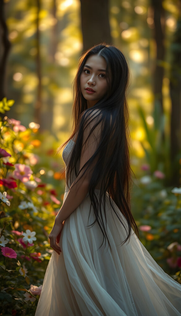 A mystical goddess of love, embodying grace and beauty, with flawless porcelain skin and long, flowing black hair cascading down her back. She stands gracefully in a lush, enchanted forest, surrounded by vibrant flowers and glowing fairy lights. Her eyes shine with an ethereal glow, and she wears a delicate, shimmering gown that floats around her as she gently twirls. The scene is bathed in soft, golden sunlight filtering through the trees, creating a dreamy and serene atmosphere.