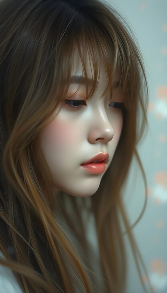 A mystical portrait of a Korean teen girl with long, flowing hazelnut amber hair that cascades down in soft, diffused strands. Her face is partially hidden by the delicate curtain of hair, conveying a sense of quiet introspection and gentle weariness. Her half-closed eyes exude a serene, dreamy expression. The background is an ethereal blend of pastel colors that add a friendly ambiance. The lighting is soft and diffused, creating a gentle, otherworldly glow around her features. The overall composition is delicate and dreamlike, with a focus on the interplay of light and shadow that highlights her ethereal beauty.