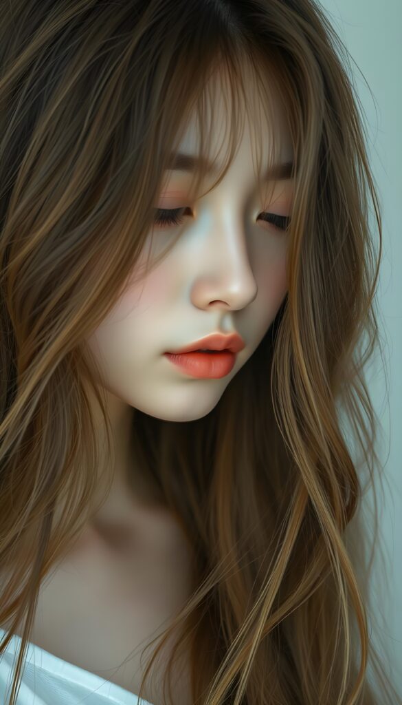 A mystical portrait of a Korean teen girl with long, flowing hazelnut amber hair that cascades down in soft, diffused strands. Her face is partially hidden by the delicate curtain of hair, conveying a sense of quiet introspection and gentle weariness. Her half-closed eyes exude a serene, dreamy expression. The background is an ethereal blend of pastel colors that add a friendly ambiance. The lighting is soft and diffused, creating a gentle, otherworldly glow around her features. The overall composition is delicate and dreamlike, with a focus on the interplay of light and shadow that highlights her ethereal beauty.