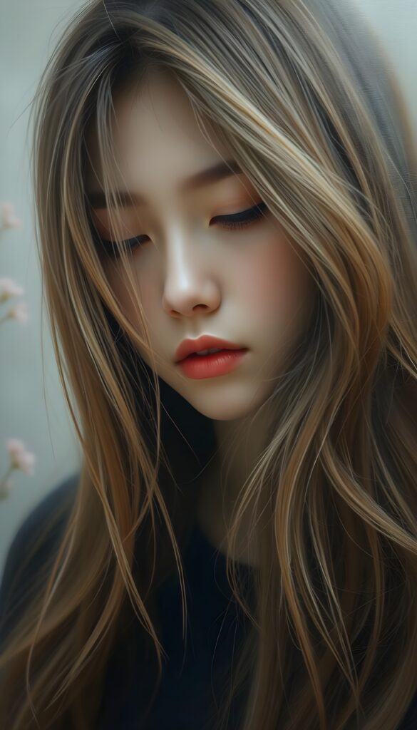 A mystical portrait of a Korean teen girl with long, flowing hazelnut amber hair that cascades down in soft, diffused strands. Her face is partially hidden by the delicate curtain of hair, conveying a sense of quiet introspection and gentle weariness. Her half-closed eyes exude a serene, dreamy expression. The background is an ethereal blend of pastel colors that add a friendly ambiance. The lighting is soft and diffused, creating a gentle, otherworldly glow around her features. The overall composition is delicate and dreamlike, with a focus on the interplay of light and shadow that highlights her ethereal beauty.