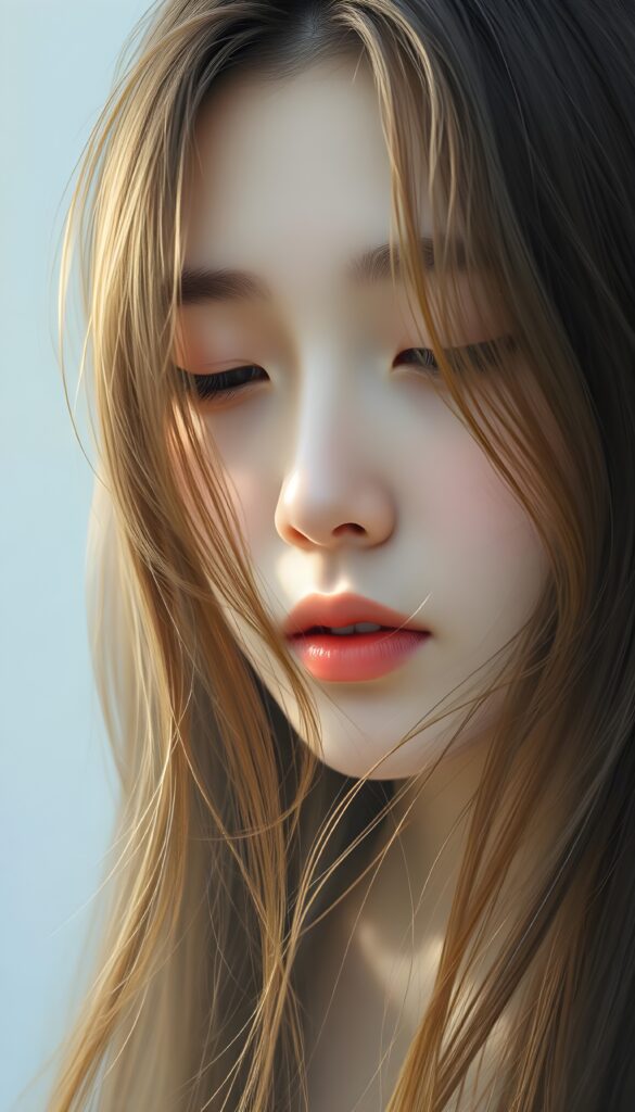 A mystical portrait of a Korean teen girl with long, flowing hazelnut amber hair that cascades down in soft, diffused strands. Her face is partially hidden by the delicate curtain of hair, conveying a sense of quiet introspection and gentle weariness. Her half-closed eyes exude a serene, dreamy expression. The background is an ethereal blend of pastel colors that add a friendly ambiance. The lighting is soft and diffused, creating a gentle, otherworldly glow around her features. The overall composition is delicate and dreamlike, with a focus on the interplay of light and shadow that highlights her ethereal beauty.