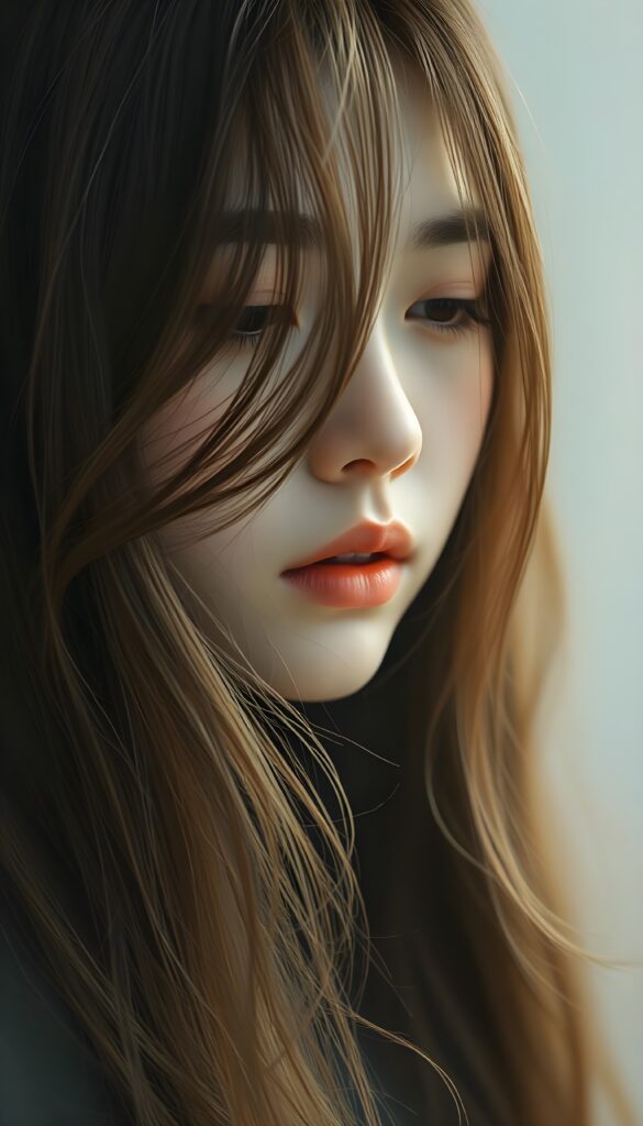 A mystical portrait of a Korean teen girl with long, flowing hazelnut amber hair that cascades down in soft, diffused strands. Her face is partially hidden by the delicate curtain of hair, conveying a sense of quiet introspection and gentle weariness. Her half-closed eyes exude a serene, dreamy expression. The background is an ethereal blend of pastel colors that add a friendly ambiance. The lighting is soft and diffused, creating a gentle, otherworldly glow around her features. The overall composition is delicate and dreamlike, with a focus on the interplay of light and shadow that highlights her ethereal beauty.
