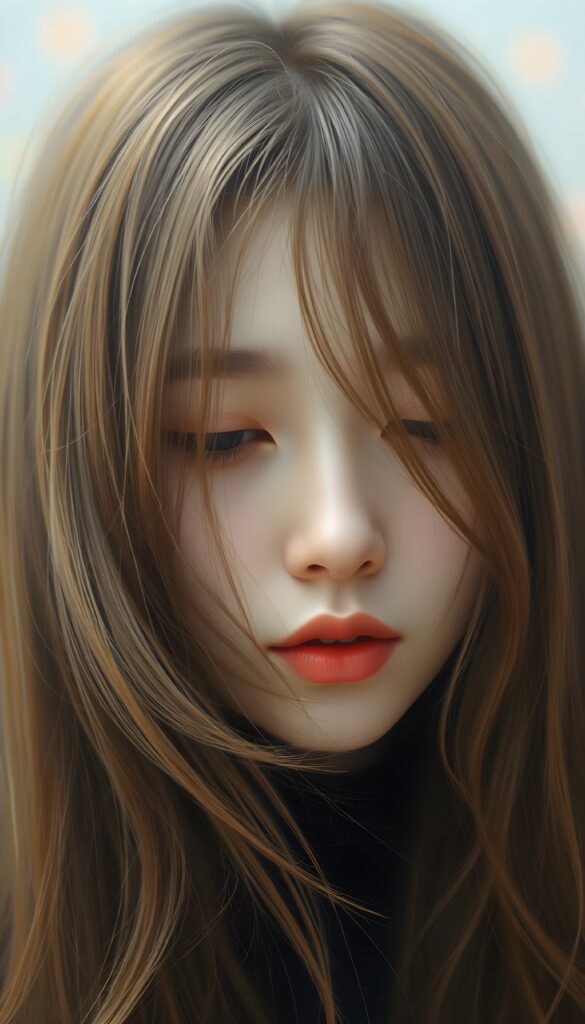 A mystical portrait of a Korean teen girl with long, flowing hazelnut amber hair that cascades down in soft, diffused strands. Her face is partially hidden by the delicate curtain of hair, conveying a sense of quiet introspection and gentle weariness. Her half-closed eyes exude a serene, dreamy expression. The background is an ethereal blend of pastel colors that add a friendly ambiance. The lighting is soft and diffused, creating a gentle, otherworldly glow around her features. The overall composition is delicate and dreamlike, with a focus on the interplay of light and shadow that highlights her ethereal beauty.