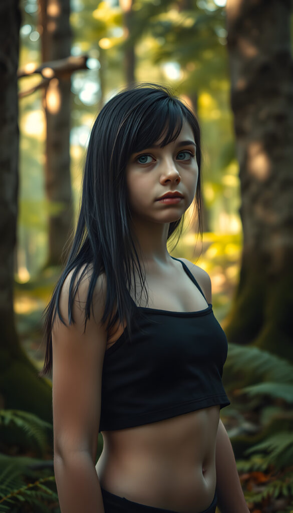 A mystical woodland scene features a young girl with obsidian-black hair styled in a straight, sleek cut that falls gently over her shoulders. Her eyes, a striking silver-white, shimmer with curiosity as she gazes into the distance. Her lips are a soft, subtle pout, adding a touch of allure to her gentle demeanor. She wears a black cropped tank top that complements her athletic figure. The background is a lush, vibrant forest with sunlight filtering through the canopy, casting a warm, golden glow on the moss-covered ground and creating a serene, enchanting atmosphere. The girl stands amidst towering trees with intricate bark patterns and delicate ferns, making her a captivating figure in a tranquil, natural setting.