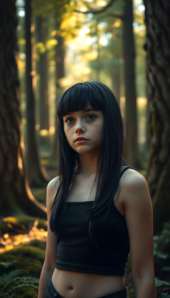 A mystical woodland scene features a young girl with obsidian-black hair styled in a straight, sleek cut that falls gently over her shoulders. Her eyes, a striking silver-white, shimmer with curiosity as she gazes into the distance. Her lips are a soft, subtle pout, adding a touch of allure to her gentle demeanor. She wears a black cropped tank top that complements her athletic figure. The background is a lush, vibrant forest with sunlight filtering through the canopy, casting a warm, golden glow on the moss-covered ground and creating a serene, enchanting atmosphere. The girl stands amidst towering trees with intricate bark patterns and delicate ferns, making her a captivating figure in a tranquil, natural setting.