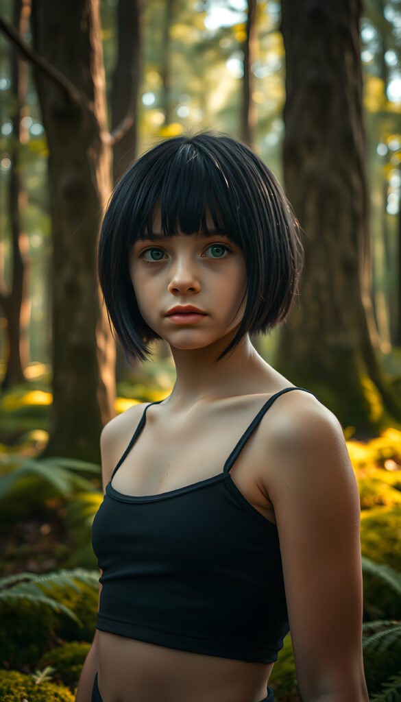 A mystical woodland scene features a young girl with obsidian-black hair styled in a straight, sleek cut that falls gently over her shoulders. Her eyes, a striking silver-white, shimmer with curiosity as she gazes into the distance. Her lips are a soft, subtle pout, adding a touch of allure to her gentle demeanor. She wears a black cropped tank top that complements her athletic figure. The background is a lush, vibrant forest with sunlight filtering through the canopy, casting a warm, golden glow on the moss-covered ground and creating a serene, enchanting atmosphere. The girl stands amidst towering trees with intricate bark patterns and delicate ferns, making her a captivating figure in a tranquil, natural setting.