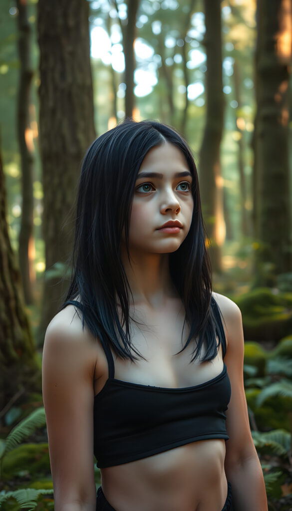 A mystical woodland scene features a young girl with obsidian-black hair styled in a straight, sleek cut that falls gently over her shoulders. Her eyes, a striking silver-white, shimmer with curiosity as she gazes into the distance. Her lips are a soft, subtle pout, adding a touch of allure to her gentle demeanor. She wears a black cropped tank top that complements her athletic figure. The background is a lush, vibrant forest with sunlight filtering through the canopy, casting a warm, golden glow on the moss-covered ground and creating a serene, enchanting atmosphere. The girl stands amidst towering trees with intricate bark patterns and delicate ferns, making her a captivating figure in a tranquil, natural setting.