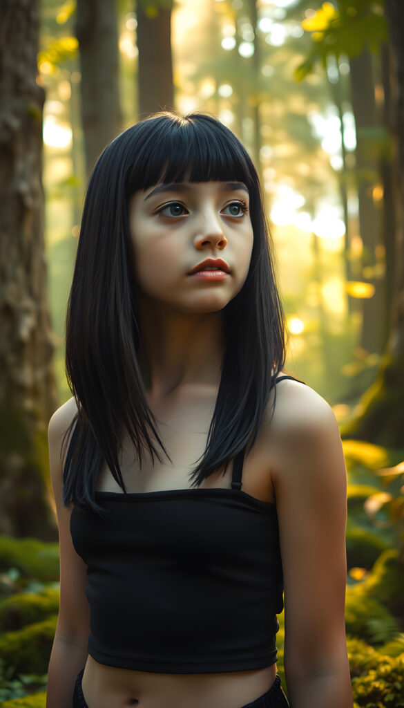 A mystical woodland scene features a young girl with obsidian-black hair styled in a straight, sleek cut that falls gently over her shoulders. Her eyes, a striking silver-white, shimmer with curiosity as she gazes into the distance. Her lips are a soft, subtle pout, adding a touch of allure to her gentle demeanor. She wears a black cropped tank top that complements her athletic figure. The background is a lush, vibrant forest with sunlight filtering through the canopy, casting a warm, golden glow on the moss-covered ground and creating a serene, enchanting atmosphere. The girl stands amidst towering trees with intricate bark patterns and delicate ferns, making her a captivating figure in a tranquil, natural setting.