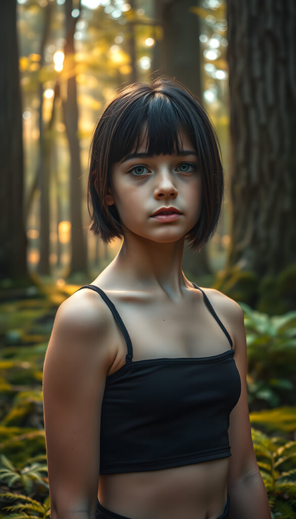 A mystical woodland scene features a young girl with obsidian-black hair styled in a straight, sleek cut that falls gently over her shoulders. Her eyes, a striking silver-white, shimmer with curiosity as she gazes into the distance. Her lips are a soft, subtle pout, adding a touch of allure to her gentle demeanor. She wears a black cropped tank top that complements her athletic figure. The background is a lush, vibrant forest with sunlight filtering through the canopy, casting a warm, golden glow on the moss-covered ground and creating a serene, enchanting atmosphere. The girl stands amidst towering trees with intricate bark patterns and delicate ferns, making her a captivating figure in a tranquil, natural setting.
