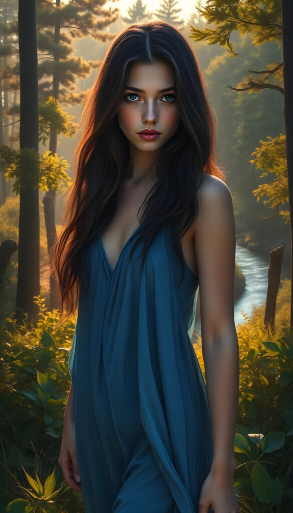 A mystical young woman with long, wavy dark brown hair and expressive brown eyes stands amidst a vibrant, sunlit forest. She wears a flowing, thin blue dress that billows around her as she walks through the lush greenery. Her lips are adorned with a subtle pink lipstick, adding a touch of elegance. The background is a stunning, hyper-realistic landscape with towering trees, a winding river, and a golden sunset casting a warm glow. The scene is rendered in an 8K digital painting style, blending realism with ethereal fantasy elements, creating a captivating and dreamlike atmosphere.