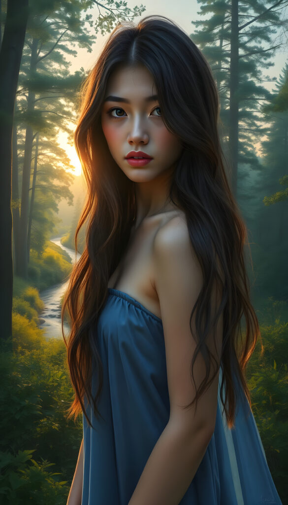 A mystical young woman with long, wavy dark brown hair and expressive brown eyes stands amidst a vibrant, sunlit forest. She wears a flowing, thin blue dress that billows around her as she walks through the lush greenery. Her lips are adorned with a subtle pink lipstick, adding a touch of elegance. The background is a stunning, hyper-realistic landscape with towering trees, a winding river, and a golden sunset casting a warm glow. The scene is rendered in an 8K digital painting style, blending realism with ethereal fantasy elements, creating a captivating and dreamlike atmosphere.