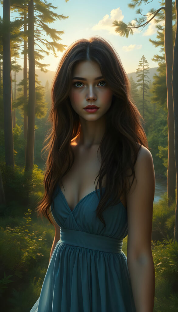 A mystical young woman with long, wavy dark brown hair and expressive brown eyes stands amidst a vibrant, sunlit forest. She wears a flowing, thin blue dress that billows around her as she walks through the lush greenery. Her lips are adorned with a subtle pink lipstick, adding a touch of elegance. The background is a stunning, hyper-realistic landscape with towering trees, a winding river, and a golden sunset casting a warm glow. The scene is rendered in an 8K digital painting style, blending realism with ethereal fantasy elements, creating a captivating and dreamlike atmosphere.