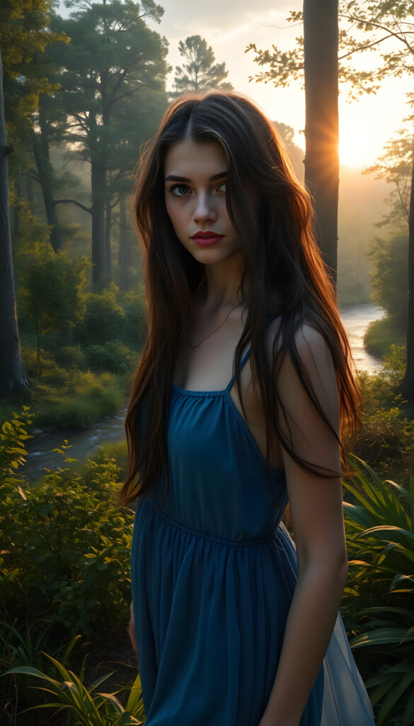 A mystical young woman with long, wavy dark brown hair and expressive brown eyes stands amidst a vibrant, sunlit forest. She wears a flowing, thin blue dress that billows around her as she walks through the lush greenery. Her lips are adorned with a subtle pink lipstick, adding a touch of elegance. The background is a stunning, hyper-realistic landscape with towering trees, a winding river, and a golden sunset casting a warm glow. The scene is rendered in an 8K digital painting style, blending realism with ethereal fantasy elements, creating a captivating and dreamlike atmosphere.