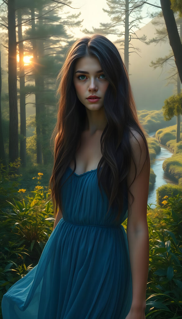 A mystical young woman with long, wavy dark brown hair and expressive brown eyes stands amidst a vibrant, sunlit forest. She wears a flowing, thin blue dress that billows around her as she walks through the lush greenery. Her lips are adorned with a subtle pink lipstick, adding a touch of elegance. The background is a stunning, hyper-realistic landscape with towering trees, a winding river, and a golden sunset casting a warm glow. The scene is rendered in an 8K digital painting style, blending realism with ethereal fantasy elements, creating a captivating and dreamlike atmosphere.
