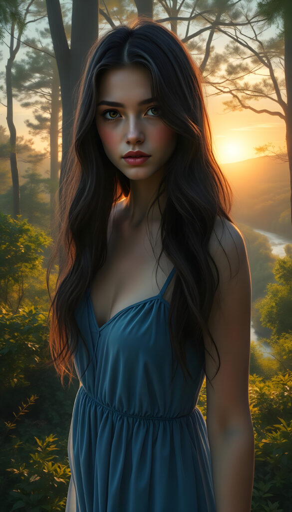 A mystical young woman with long, wavy dark brown hair and expressive brown eyes stands amidst a vibrant, sunlit forest. She wears a flowing, thin blue dress that billows around her as she walks through the lush greenery. Her lips are adorned with a subtle pink lipstick, adding a touch of elegance. The background is a stunning, hyper-realistic landscape with towering trees, a winding river, and a golden sunset casting a warm glow. The scene is rendered in an 8K digital painting style, blending realism with ethereal fantasy elements, creating a captivating and dreamlike atmosphere.