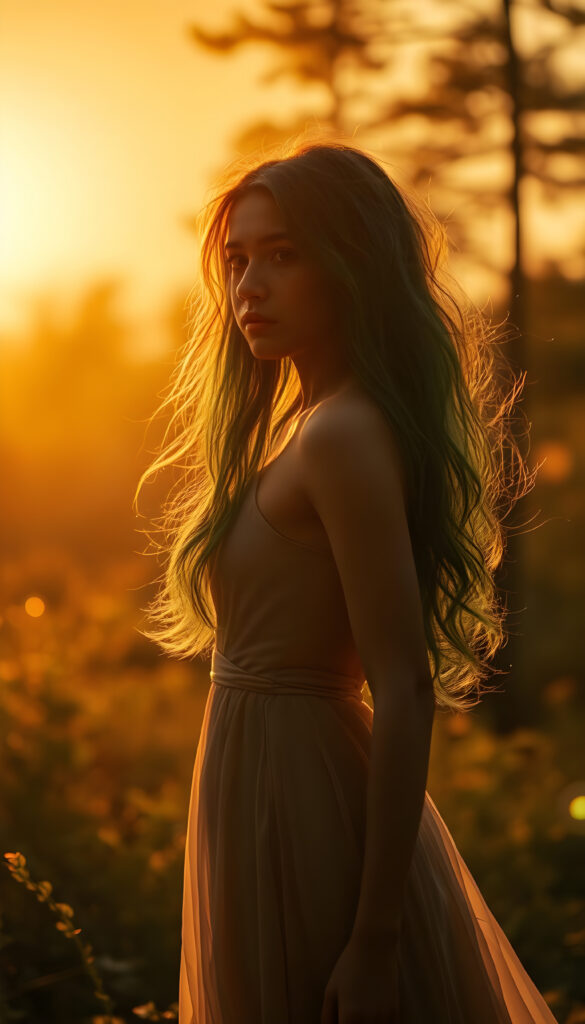 A mystical young woman with flowing, emerald-green hair stands gracefully in a radiant, sunlit forest, her silhouette bathed in a warm, golden glow, her elegant form outlined against a vibrant, fiery orange sky. Her eyes sparkle with an inner light, and her figure is accentuated by a flowing, translucent gown that dances in the breeze. The background is alive with lush, luminescent foliage and soft, glowing orbs, creating a dreamlike, otherworldly atmosphere.